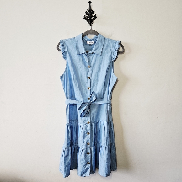 Calvin Klein Cotton Tie Waist Midi Shirt Dress Size 10 Chambray Button Up - Picture 2 of 4